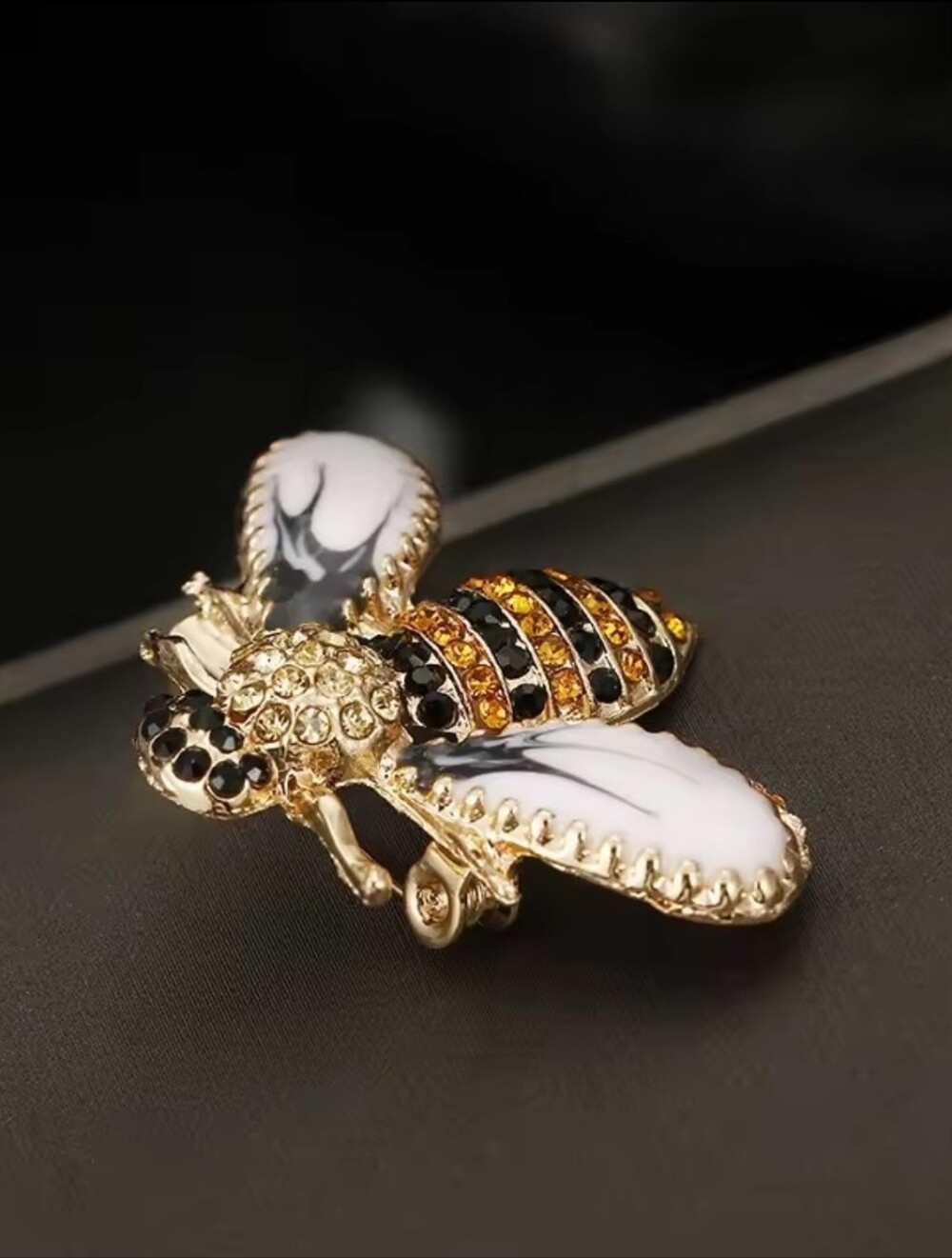 Gold Bee Brooch with White Enamel Wings and Amber Crystals - Picture 6 of 7